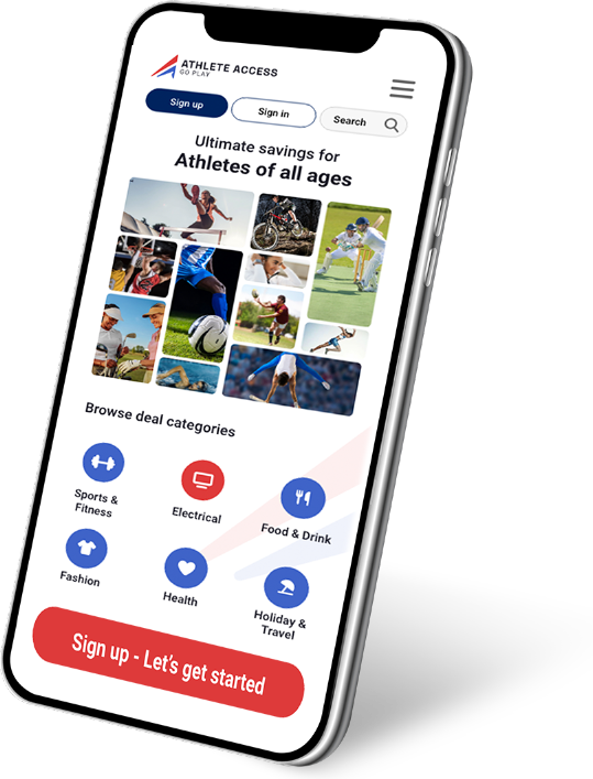 Athlete Access app on a phone showing deal categories